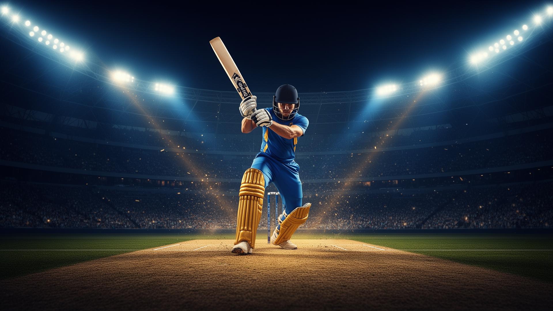 Cricket batsman playing under stadium floodlights on 11xplay