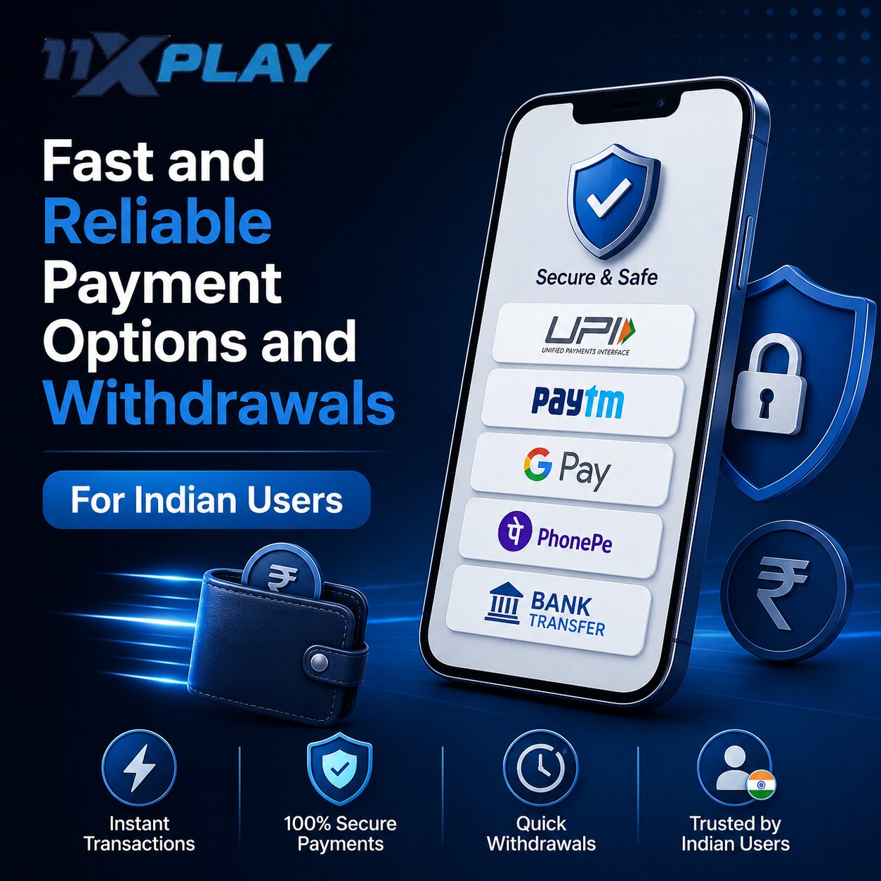 Indian rupee notes with UPI digital payment methods on 11xplay